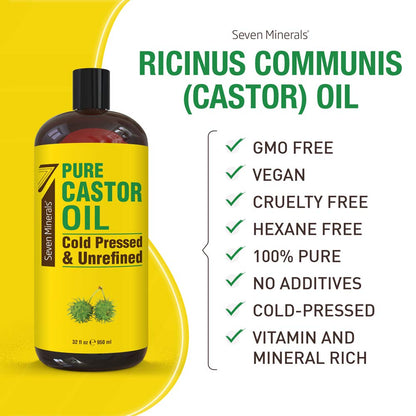 Seven Minerals Pure Cold Pressed Castor Oil – 32 oz Hexane-Free, Unrefined