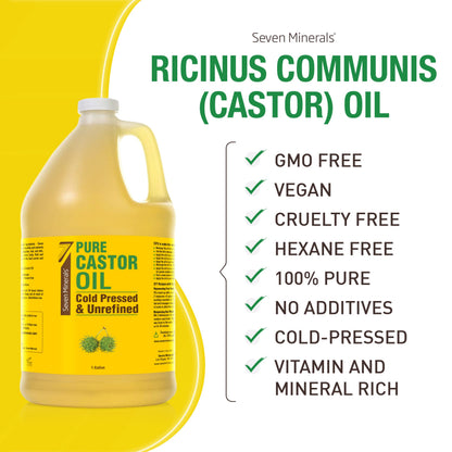 Seven Minerals Unrefined Hexane-Free Castor Oil, 128 oz – Hair Growth, Lash & Brow Conditioning, Dry Skin