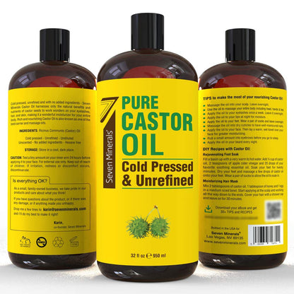 Seven Minerals Pure Cold Pressed Castor Oil – 32 oz Hexane-Free, Unrefined