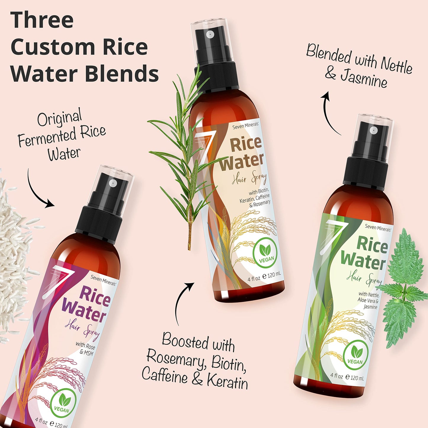 Seven Minerals Rice Water Spray for Hair Growth – Fermented Rose Water, Aloe Vera & MSM – Vegan, Non-Greasy, 4 oz