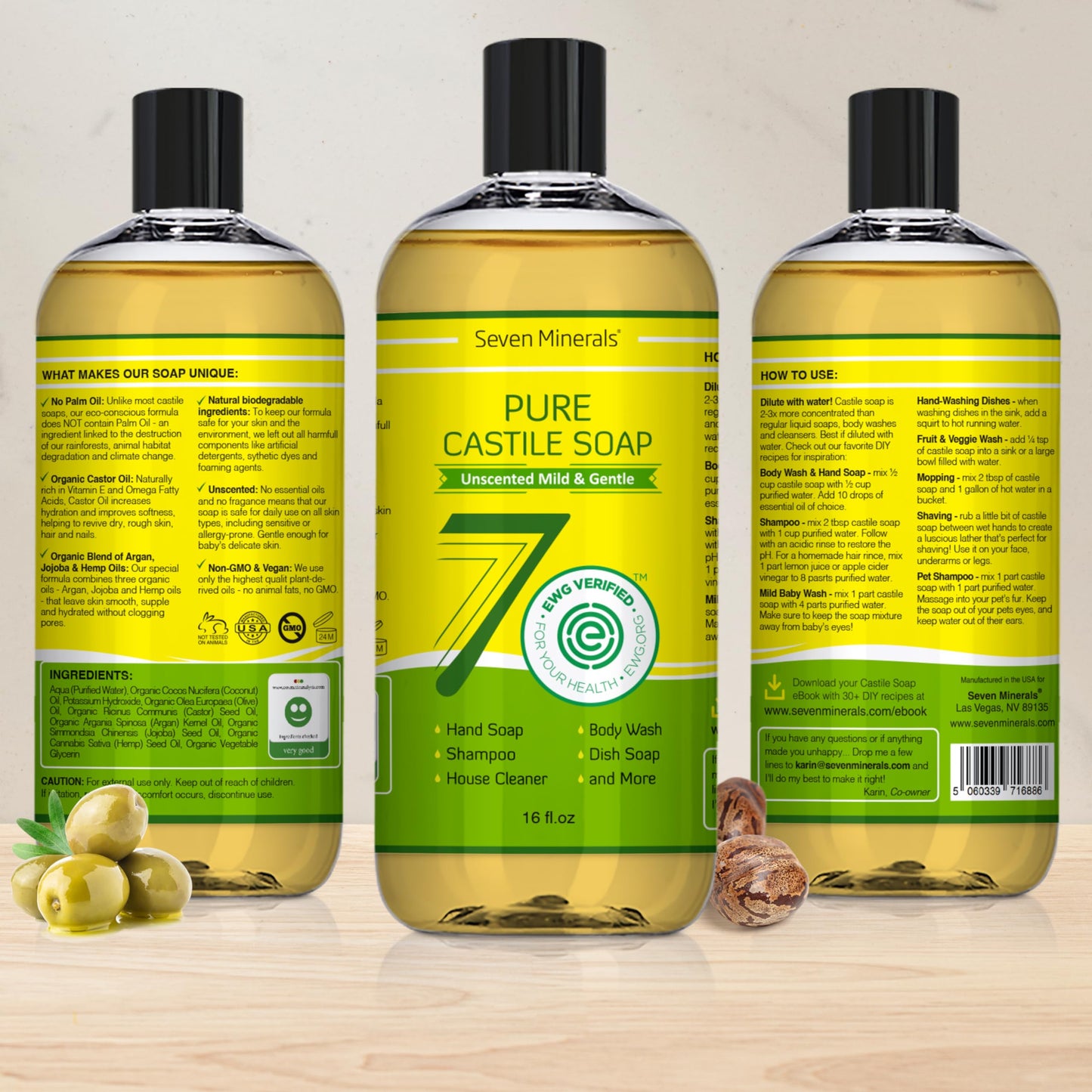 Seven Minerals Pure Castile Soap – Palm Oil Free, GMO-Free, Unscented Liquid Soap for Sensitive Skin (16 oz)