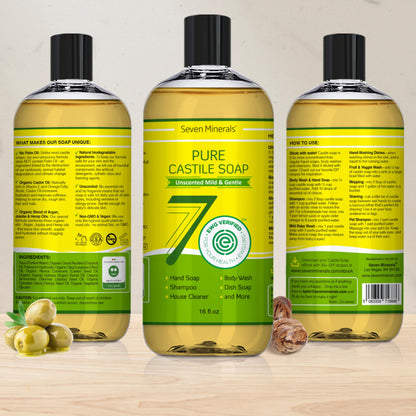 Seven Minerals Pure Castile Soap – Palm Oil Free, GMO-Free, Unscented Liquid Soap for Sensitive Skin (16 oz)