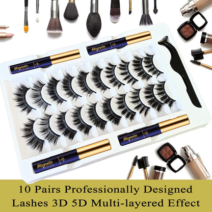 SevenCrown Magnetic Lashes Kit: 10 Pairs, 3D Medium Cat Eye, Upgraded Magnetic Liner