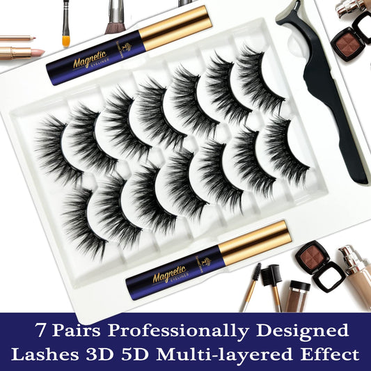7C SEVENCROWN Magnetic Eyelashes – Natural Cat-Eye, 7 Pairs, Reusable with Magnetic Liner & Applicator