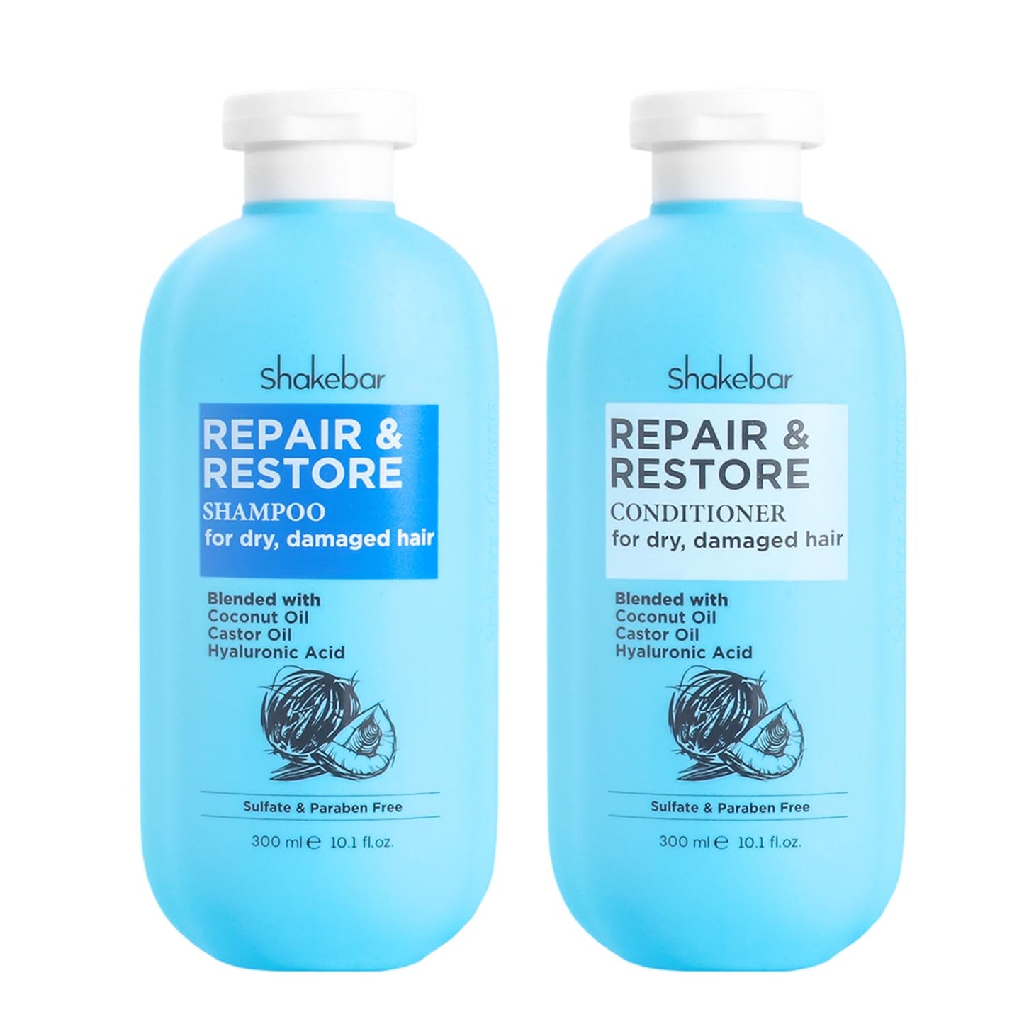 SHAKEBAR Coconut Shampoo & Conditioner with Castor Oil – Hydration, Sulfate-Free, 300ml (10.1 fl oz)