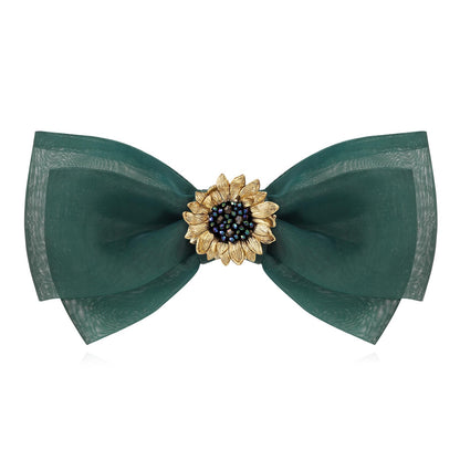 SHE'S FREE STYLE JUST FOR YOU Multi-layer Bow Hair Clip – Van Gogh Sunflower Beaded Crystal Clip, Green