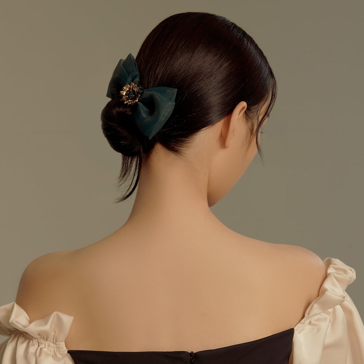 SHE'S FREE STYLE JUST FOR YOU Multi-layer Bow Hair Clip – Van Gogh Sunflower Beaded Crystal Clip, Green