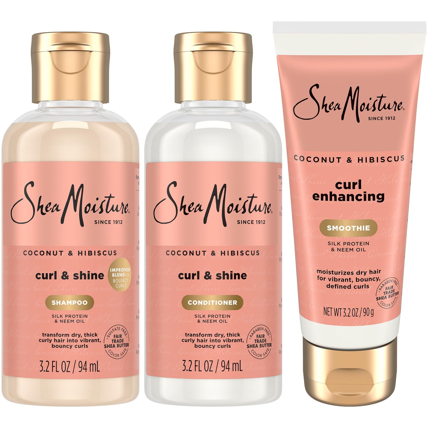 SheaMoisture Travel Essentials Hair Care Bundle – Coconut & Hibiscus Shampoo, Conditioner, Curl Enhancing Smoothie