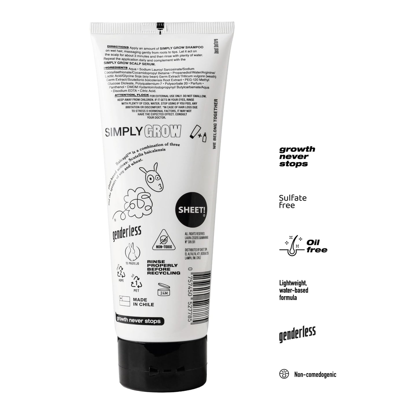 Sheet! Hair Growth Shampoo — 8.45 oz (250 ml), 3% Baicapil, Lightweight, Vegan, Sulfate/Salt/Silicone Free