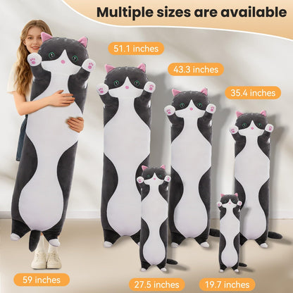 SHINUOER Cute Cat Plush Long Body Pillow – Soft Kawaii Cat Plushie, 19.7-Inch (Black)