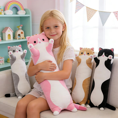 SHINUOER Cute Cat Plush Long Body Pillow – Soft Kawaii Cat Plushie, 19.7-Inch (Black)