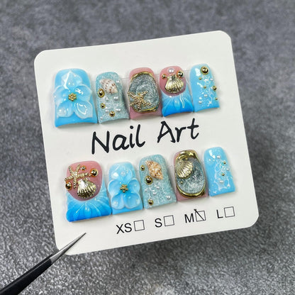 Short Duck Press-On Nails | 3D Floral Gold Starfish & Shell Design with Blue French Tip