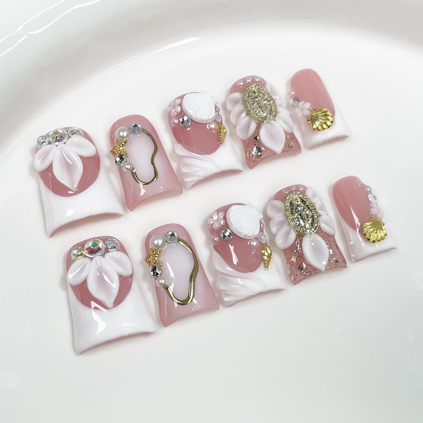 Luxury Press On Nails Short Duck – Handmade 3D Shell & Flower, White French Tip