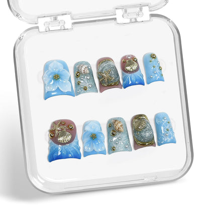 Short Duck Press on Nails — Handmade 3D Floral with Blue French Tip