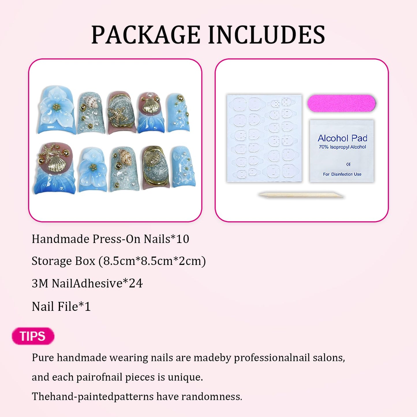 Short Duck Press on Nails — Handmade 3D Floral with Blue French Tip