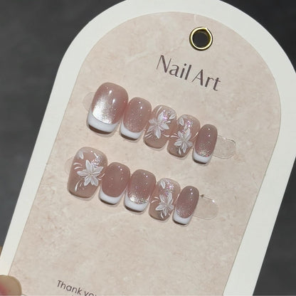 Handmade White French Press-On Nails with Flower Designs – Short Square Stick-On Nails (Size S)