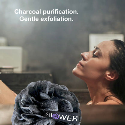 Shower Bouquet Loofah-Charcoal Back-Scrubber & Bath-Sponge Set | 17-Inch Back Brush + 2 Extra-Large 75g Mesh Loofahs