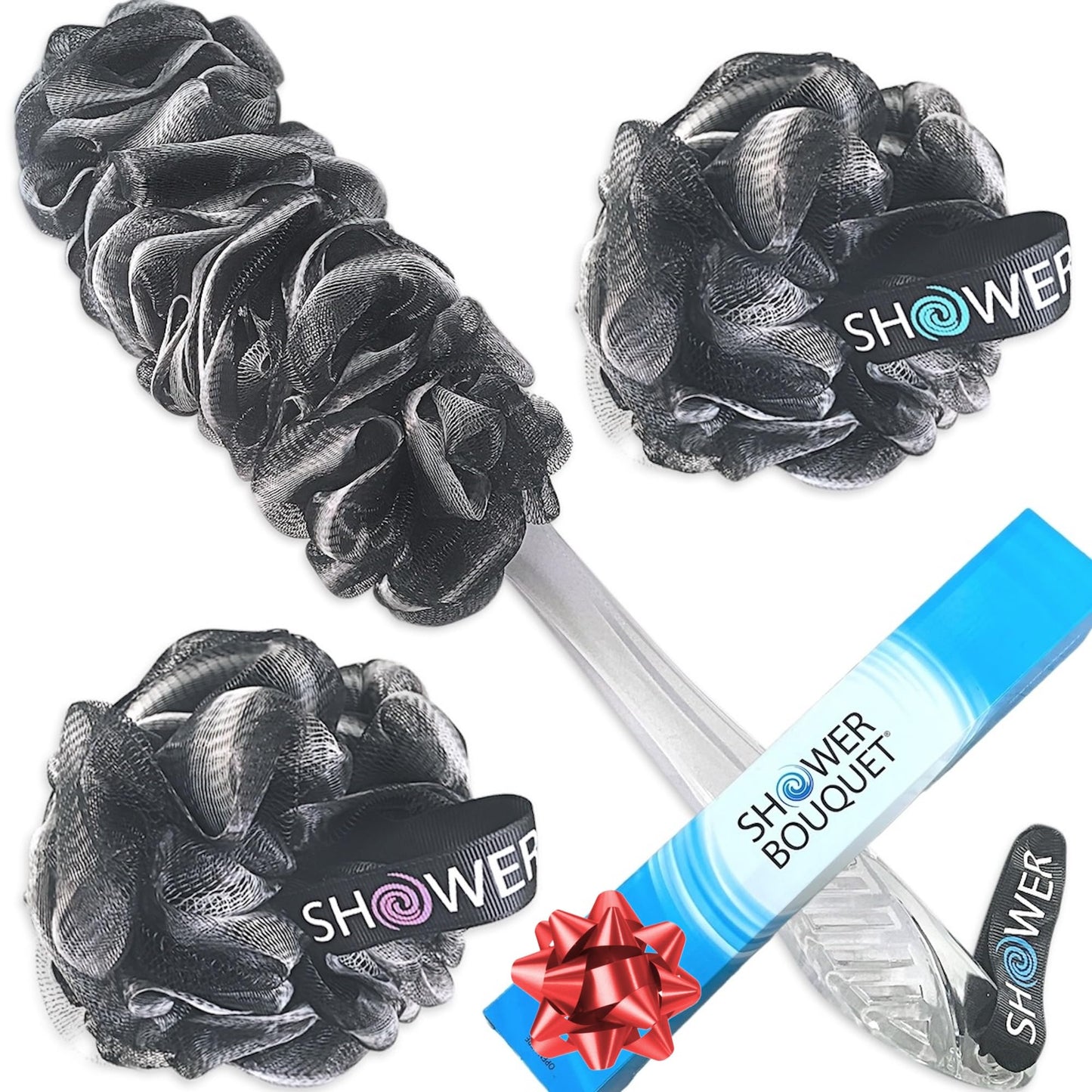 Shower Bouquet Loofah-Charcoal Back-Scrubber & Bath-Sponge Set | 17-Inch Back Brush + 2 Extra-Large 75g Mesh Loofahs