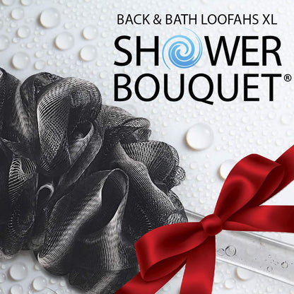 Shower Bouquet Loofah-Charcoal Back-Scrubber & Bath-Sponge Set | 17-Inch Back Brush + 2 Extra-Large 75g Mesh Loofahs