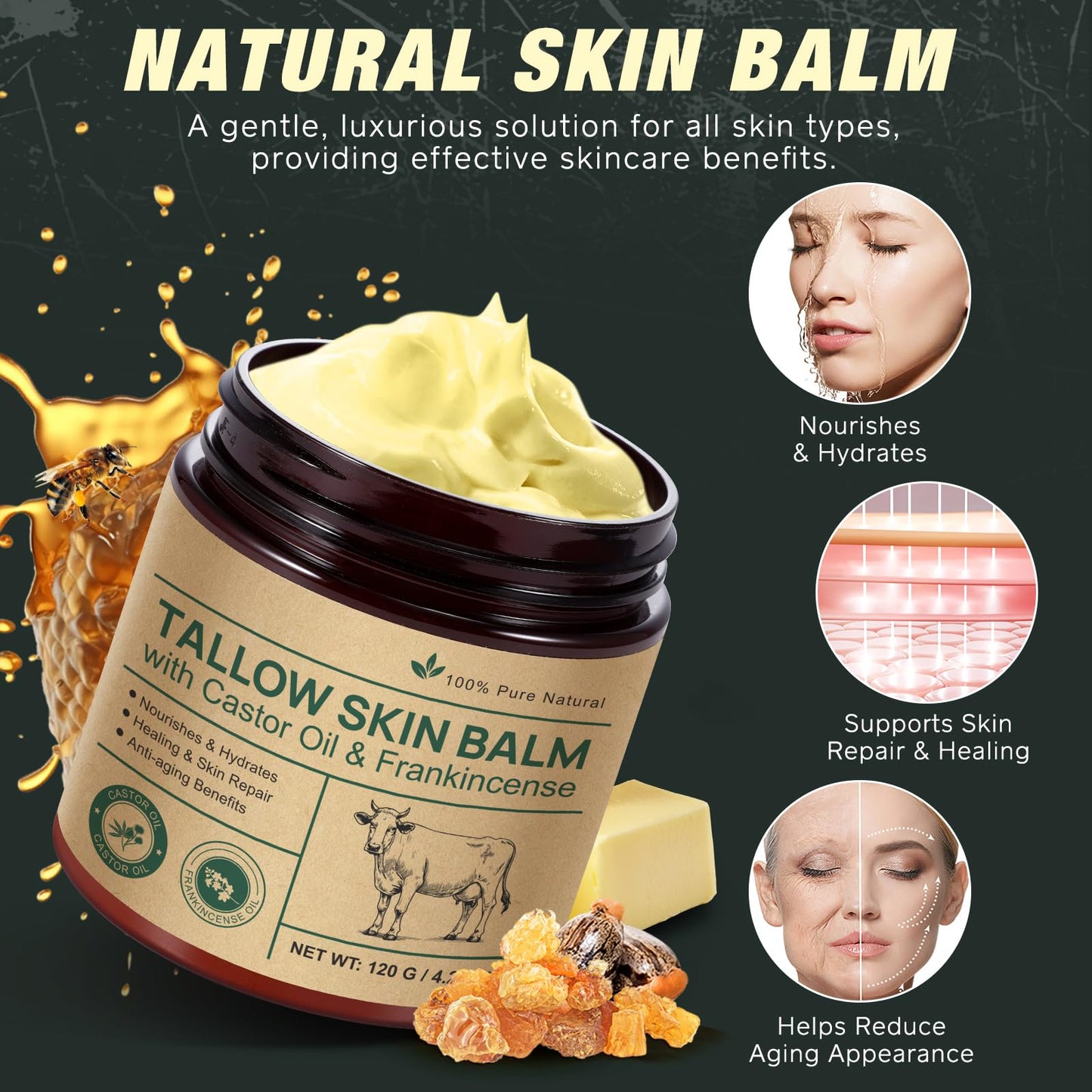Shuangjia Handmade Tallow Balm with Castor Oil & Frankincense — Grass-Fed Skin Moisturizer for Face & Body