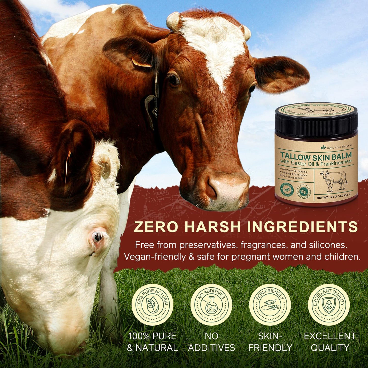 Shuangjia 2-Pack Beef Tallow Balm with Frankincense & Castor Oil – Grass-Fed Skin Moisturizer