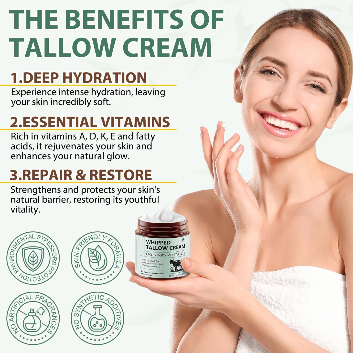 Shuangjia Beef Tallow Whipped Cream – Organic Face Moisturizer, 100% Grass-Fed Tallow, Honey & Beeswax