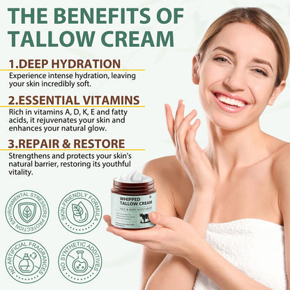 Shuangjia Beef Tallow Whipped Cream – Organic Face Moisturizer, 100% Grass-Fed Tallow, Honey & Beeswax