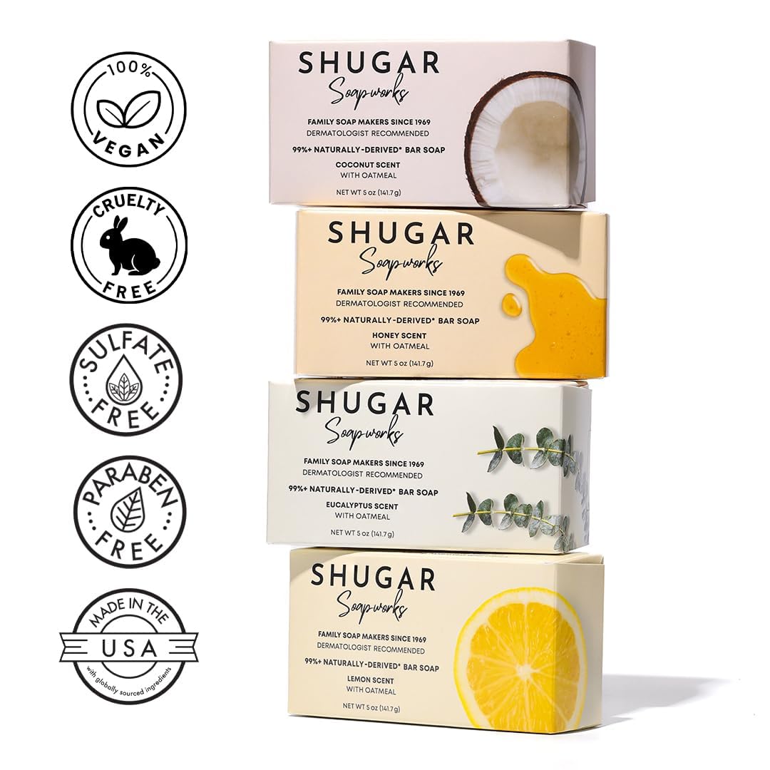 Shugar Soapworks Oatmeal & Eucalyptus Beauty Bar – 8-Pack, 5 oz Each | Plant-Based, Gentle Cleanser