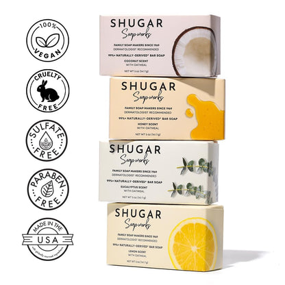 Shugar Soapworks Oatmeal & Eucalyptus Beauty Bar – 8-Pack, 5 oz Each | Plant-Based, Gentle Cleanser