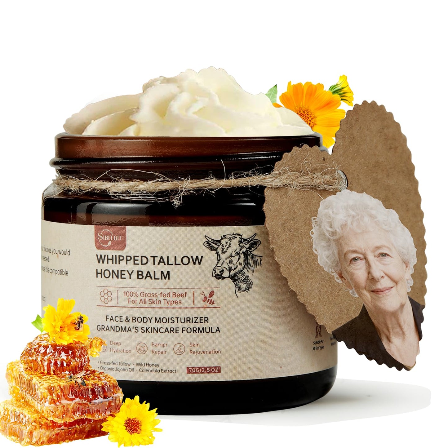 SIBITBIT Beef Tallow Honey Balm – 100% Organic Grass-Fed Whipped Moisturizer for Sensitive, Dry Skin (2oz)