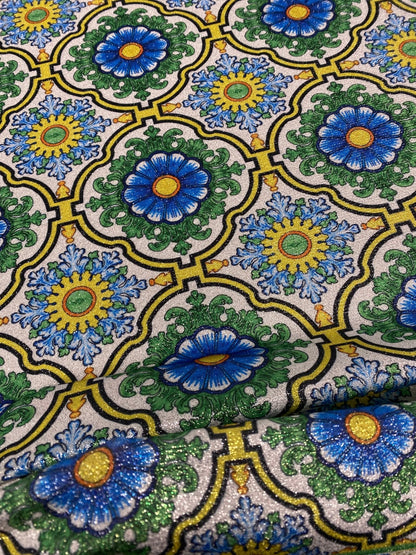Sicilian Pattern Green Fabric by Metre