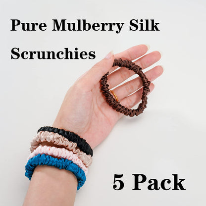 Silmer Silk Scrunchies – 22 Momme Mulberry Silk, 5-Pack (Peacock Blue, Pink, Apricot, Dark Coffee, Black)