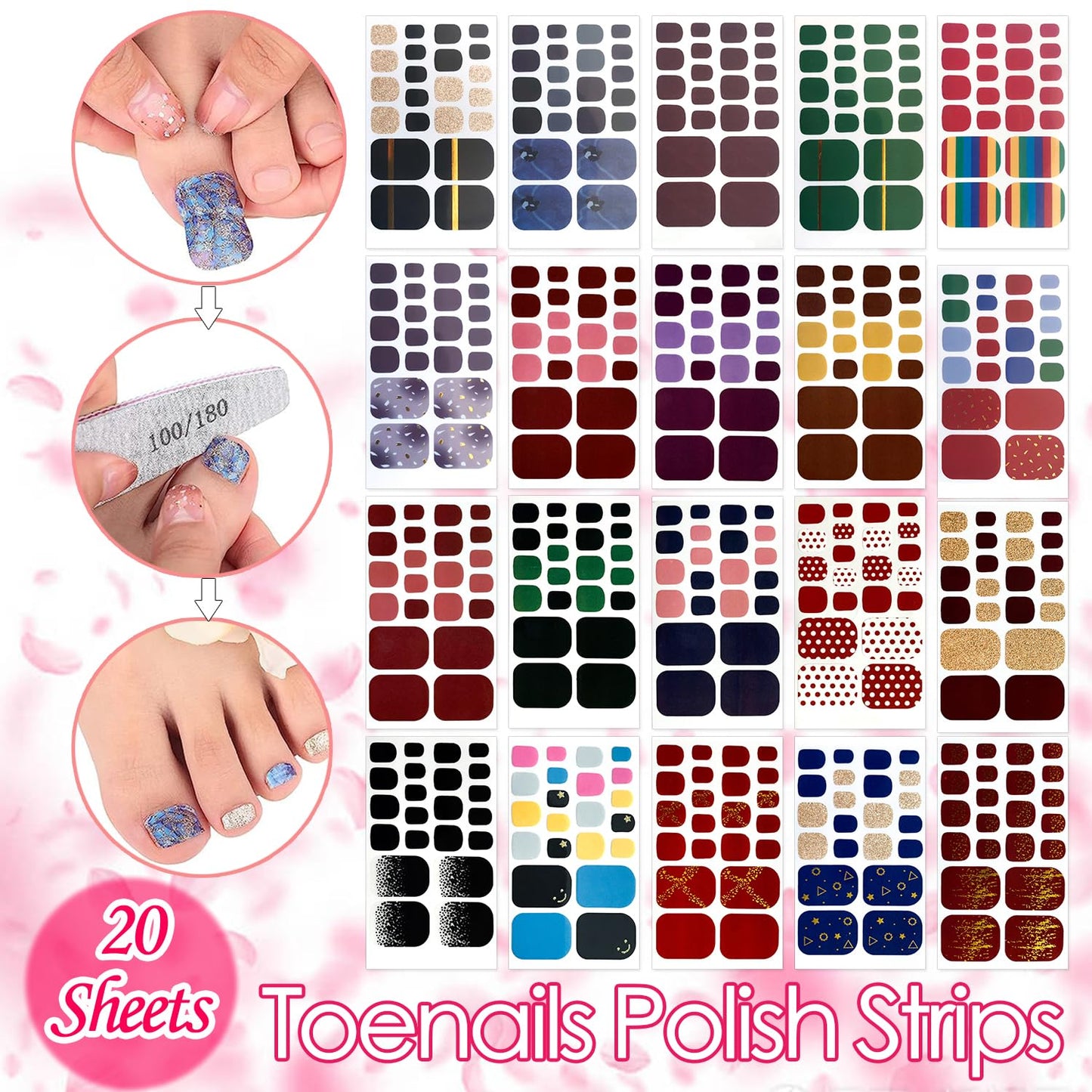 SILPECWEE 20 Sheets Adhesive Toe Nail Polish Stickers – Full Wraps, Solid Color, Includes Nail File