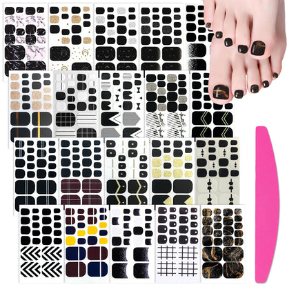 SILPECWEE Black Toe Nail Stickers – 20 Sheets Full Nail Wraps for Toes | Self-Adhesive Gel Nail Strips