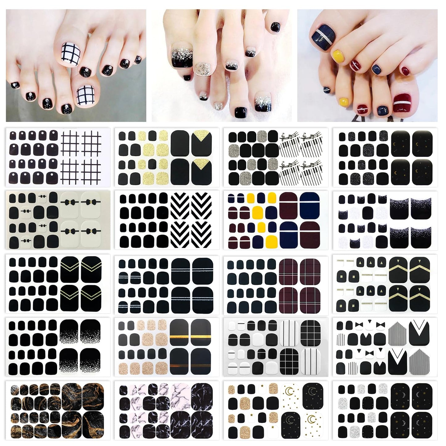 SILPECWEE Black Toe Nail Stickers – 20 Sheets Full Nail Wraps for Toes | Self-Adhesive Gel Nail Strips