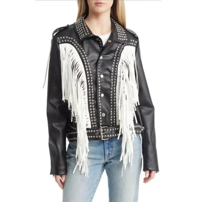 Silver Studded Leather Fringe Biker Jacket