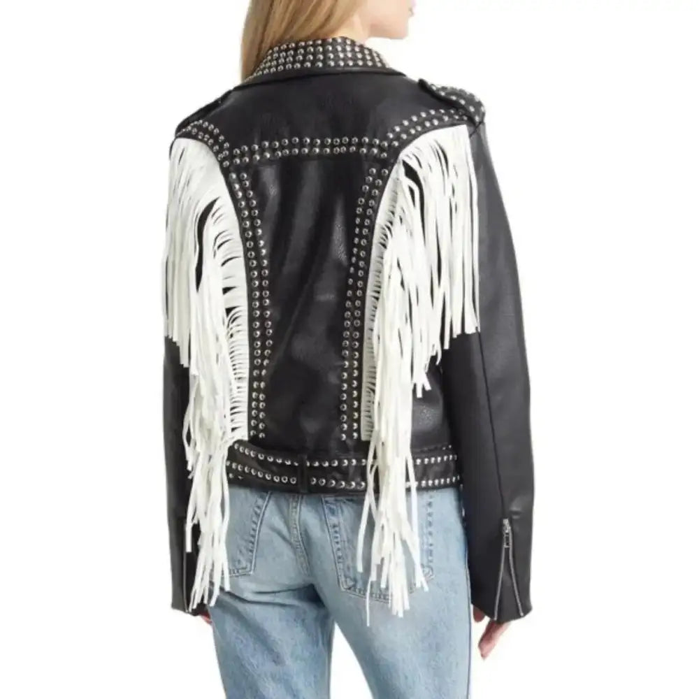Silver Studded Leather Fringe Biker Jacket