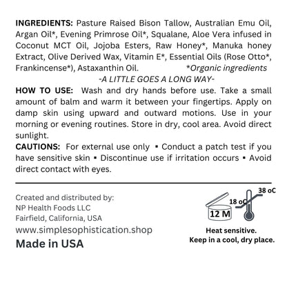 Simple Sophistication BISON | EMU | HONEY Balm – All-Natural Tallow Balm with Honey & Emu Oil | 2 oz