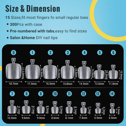 SINOKAME Clear Press-On Toenails Kit — 15 Sizes, 300 Pcs, Full Cover Matte Gel Tips