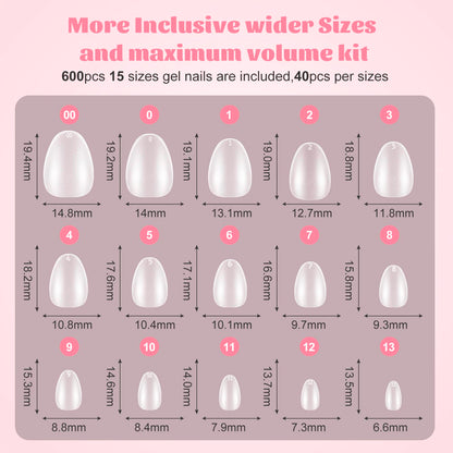SINOKAME Extra Short Almond Nail Tips – No-File Gel Extensions, 600 Pcs, 12 Sizes