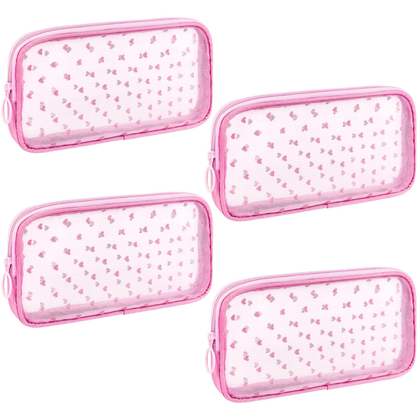 Sinzip 4-Piece Mini Zipper Nylon Mesh Pouches | Heart Print Pink | Travel & Office Organizer Bags