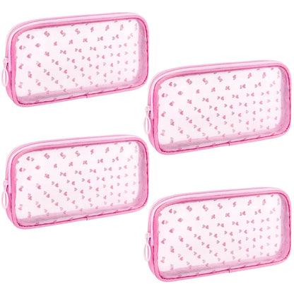 Sinzip 4-Piece Mini Zipper Nylon Mesh Pouches | Heart Print Pink | Travel & Office Organizer Bags