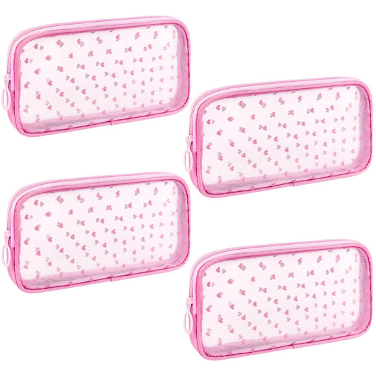 Sinzip 4-Piece Mini Zipper Nylon Mesh Pouches | Heart Print Pink | Travel & Office Organizer Bags