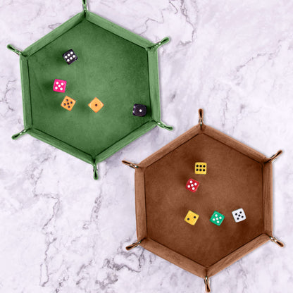 SIQUK 2-Piece Dice Tray | Portable Hexagon PU Leather Dice Roller Tray for RPG & DND – Green & Camel