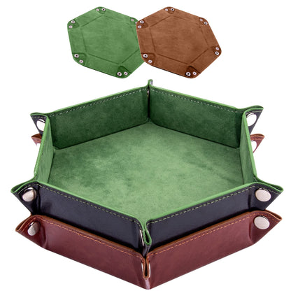 SIQUK 2-Piece Dice Tray | Portable Hexagon PU Leather Dice Roller Tray for RPG & DND – Green & Camel