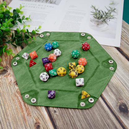 SIQUK 2-Piece Dice Tray | Portable Hexagon PU Leather Dice Roller Tray for RPG & DND – Green & Camel