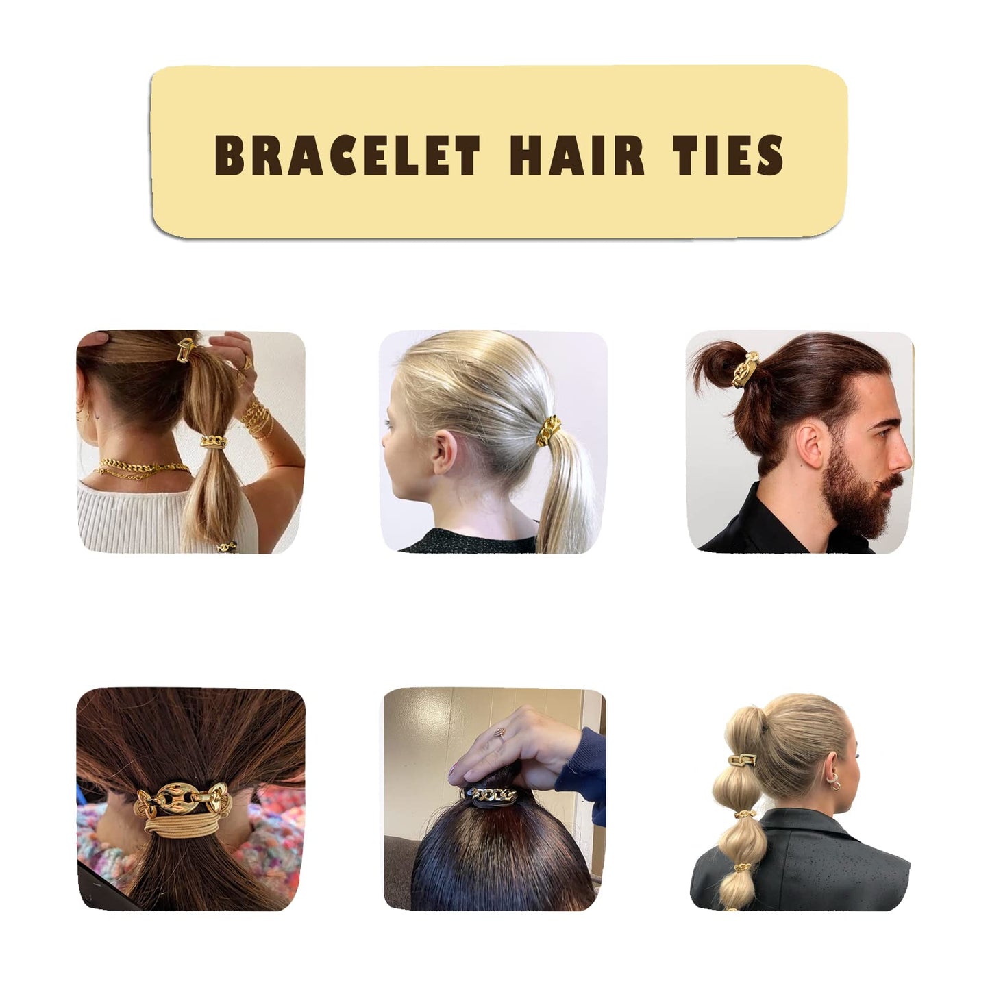 SISYOUP Bracelet Hair Ties – Gold Decorative Ponytail Cuff (3 Colorways)