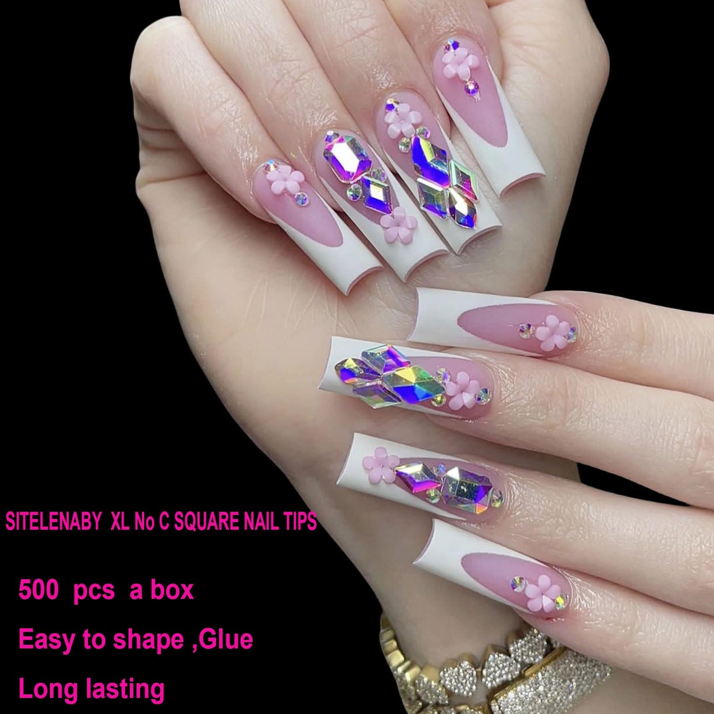 SITELENABY No C Curve XL Nail Tips 500PCS – Square, Flat Half-Cover ABS