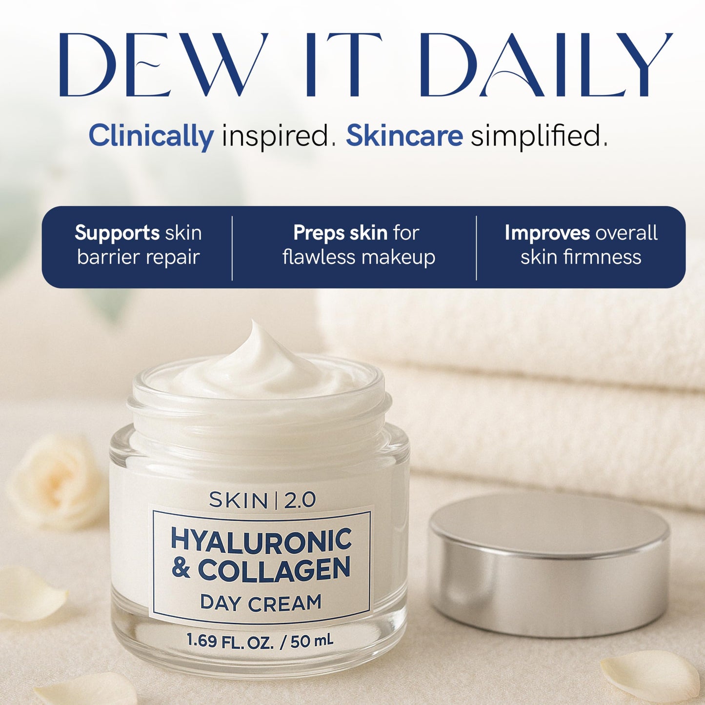 Skin 2.0 Hyaluronic Acid & Collagen Moisturizer – Deep Hydration, Firming & Anti-Aging Day Cream (Korean Clean Beauty) – 1.69 oz