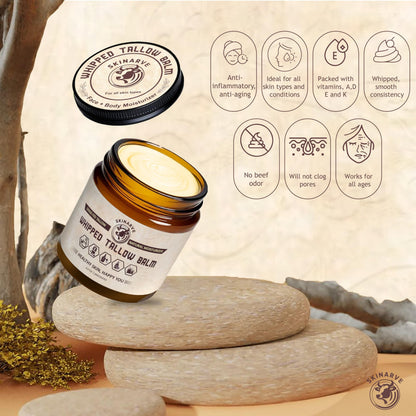 SKINARVE Beef Tallow for Skin – 4oz Unscented, Organic Grass-Fed Whipped Tallow with Honey Balm